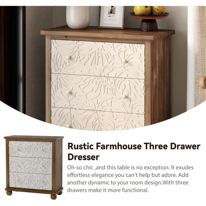 COZAYH Rustic Farmhouse Dresser with Carved Leaves Pattern and 3 Drawers, White