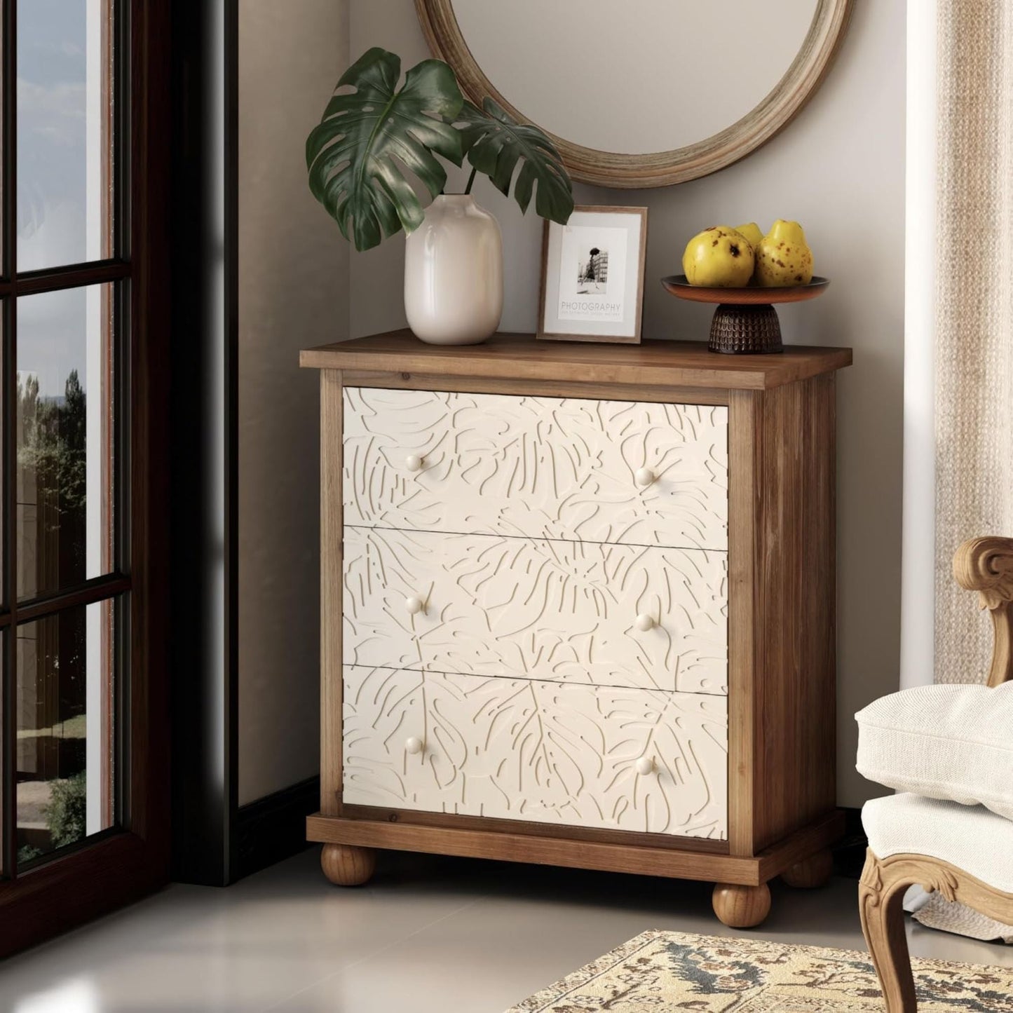 COZAYH Rustic Farmhouse Dresser with Carved Leaves Pattern and 3 Drawers, White
