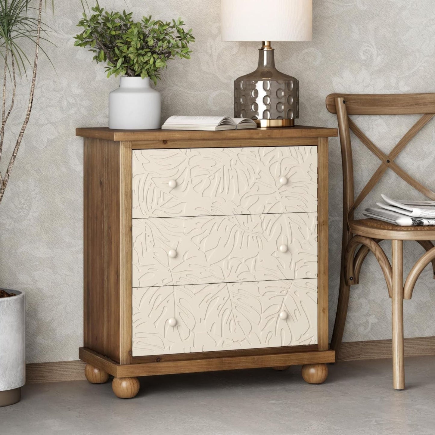 COZAYH Rustic Farmhouse Dresser with Carved Leaves Pattern and 3 Drawers, White