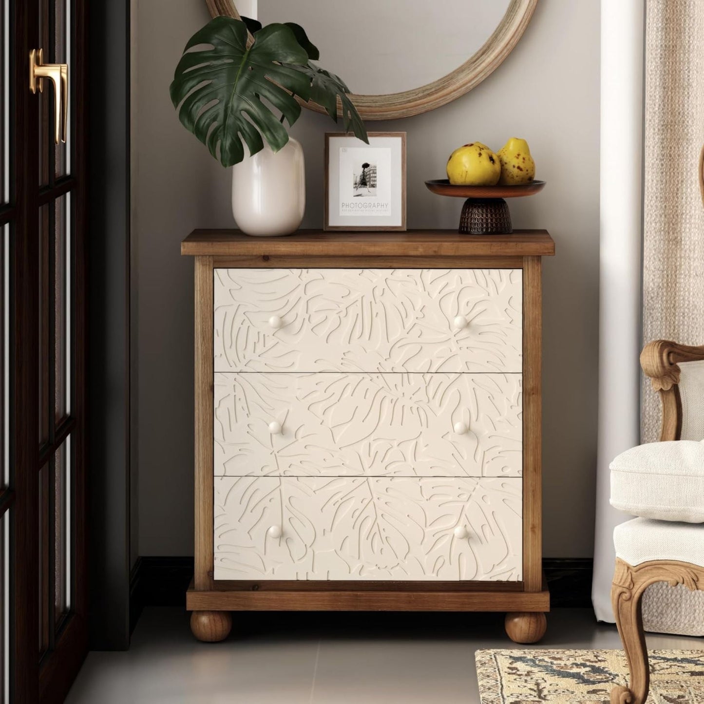 COZAYH Rustic Farmhouse Dresser with Carved Leaves Pattern and 3 Drawers, White