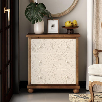 COZAYH Rustic Farmhouse Dresser with Carved Leaves Pattern and 3 Drawers, White