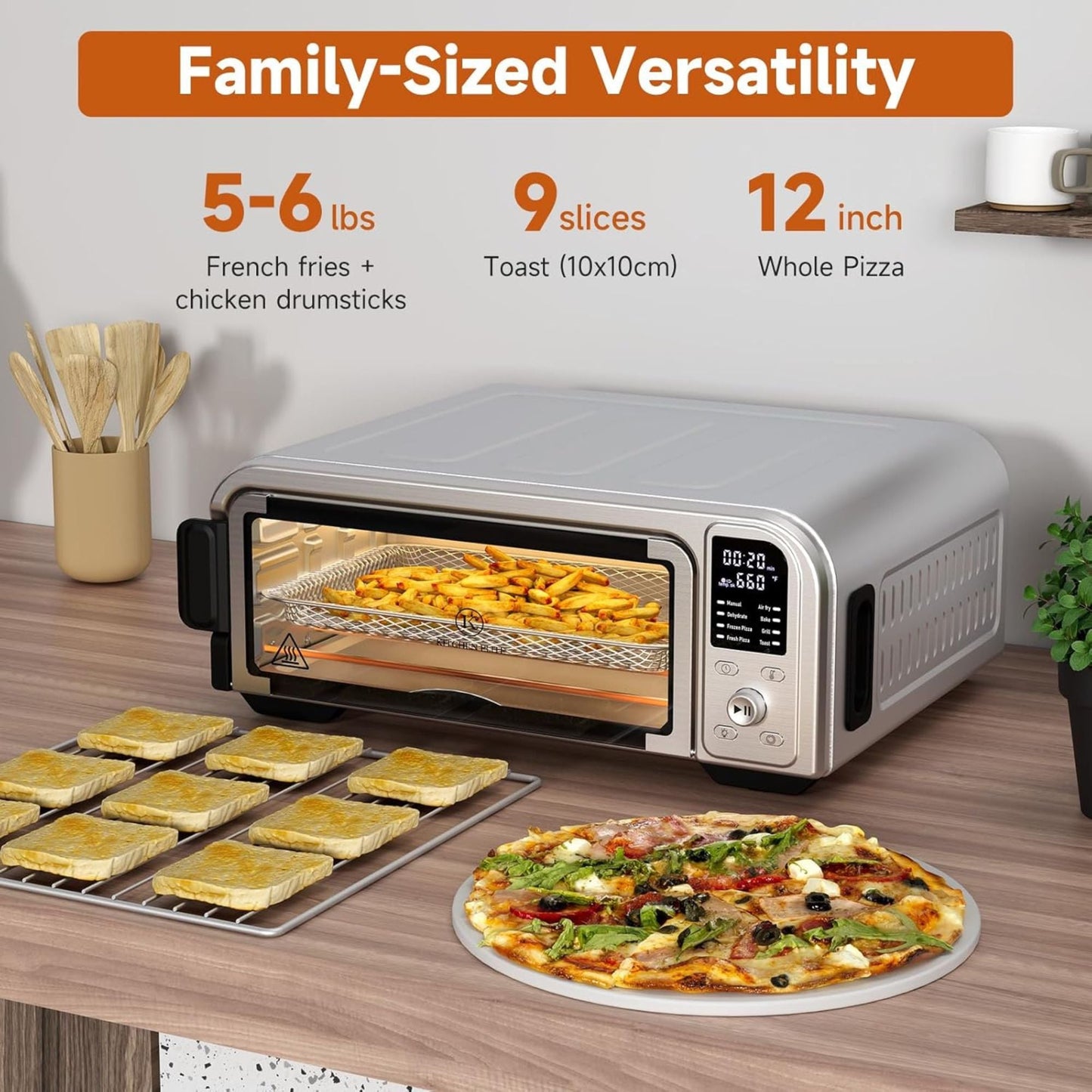 Kitchen Elite 8 in 1 Digital Air Fryer Toaster Convection Pizza Oven, Silver