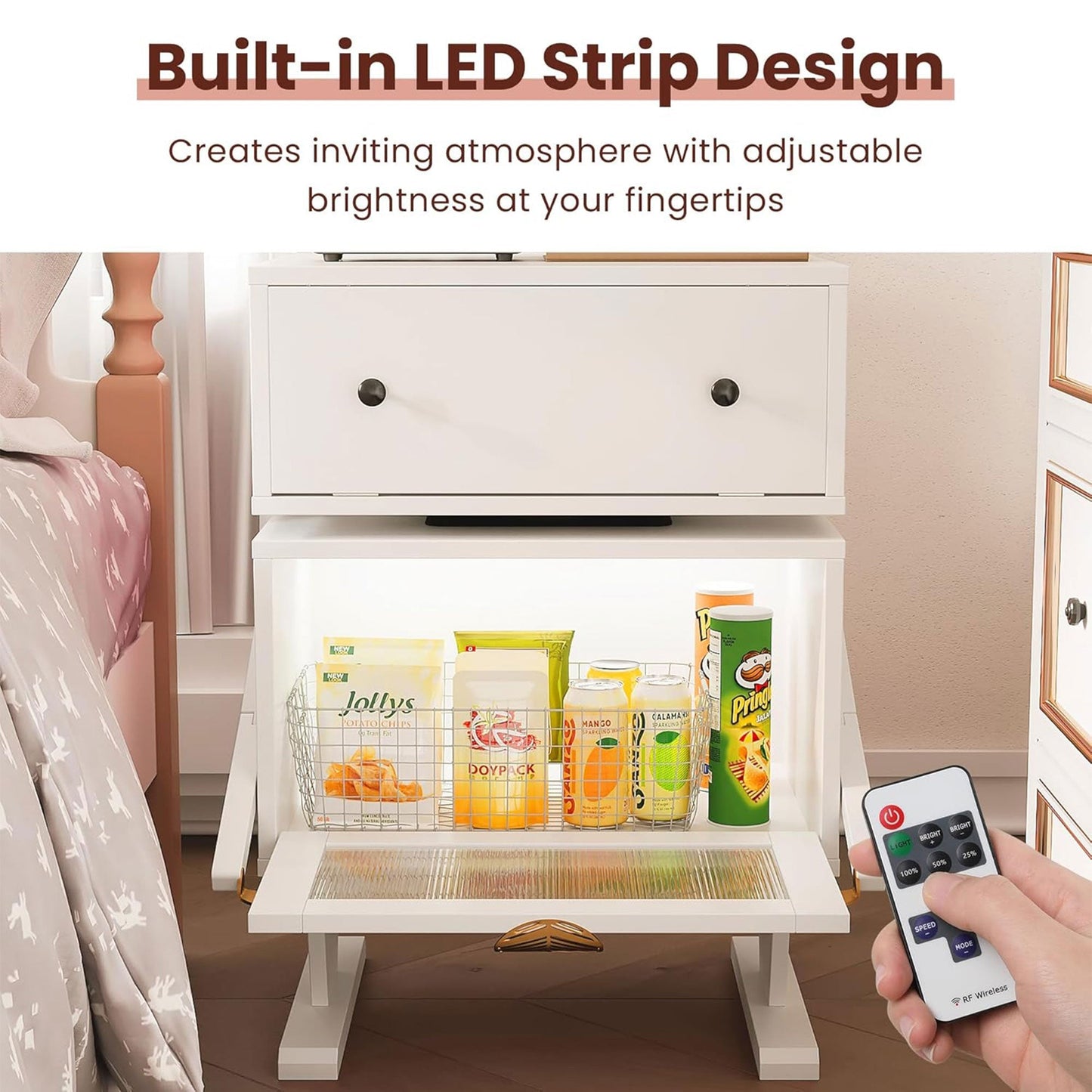 RoyalCraft Nightstand with LED, Rotating Drawer and Glass Door, Set of 2, White