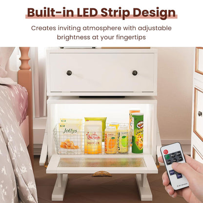 RoyalCraft Nightstand with LED, Rotating Drawer and Glass Door, Set of 2, White