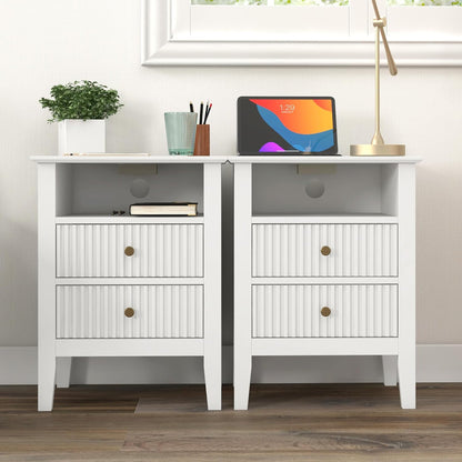 RoyalCraft Fluted 2 Drawer Nightstand with Charging Station, Set of 2, White