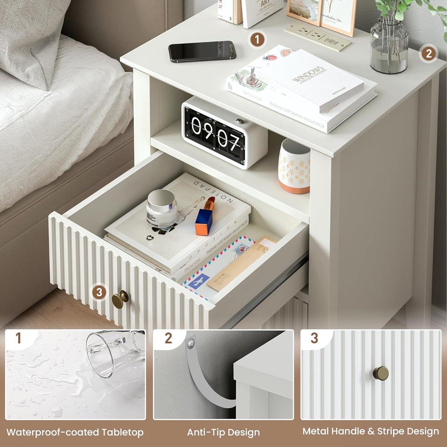 RoyalCraft Fluted 2 Drawer Nightstand with Charging Station, Set of 2, White