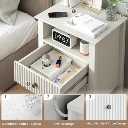 RoyalCraft Fluted 2 Drawer Nightstand with Charging Station, Set of 2, White