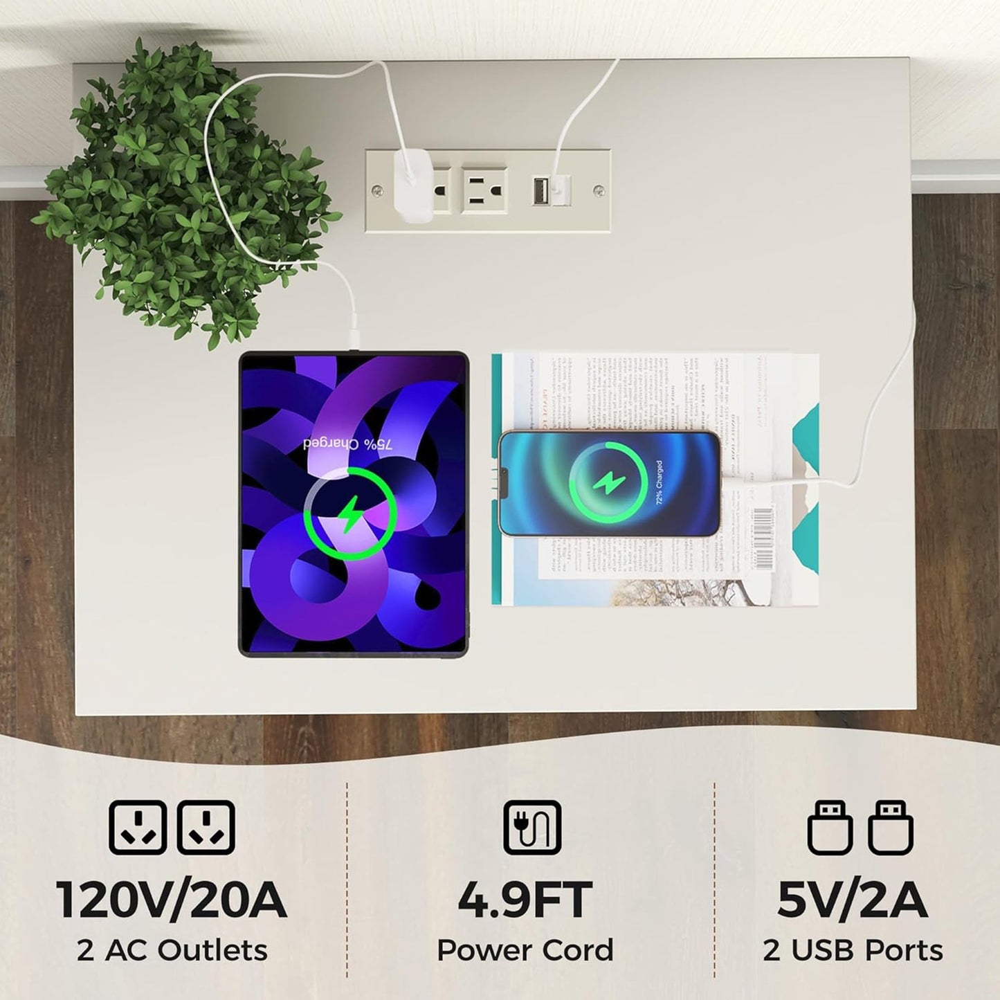 RoyalCraft Fluted 2 Drawer Nightstand with Charging Station, Set of 2, White