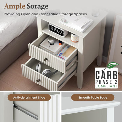 RoyalCraft Fluted 2 Drawer Nightstand with Charging Station, Set of 2, White