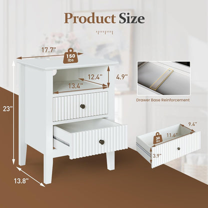 RoyalCraft Fluted 2 Drawer Nightstand with Charging Station, Set of 2, White