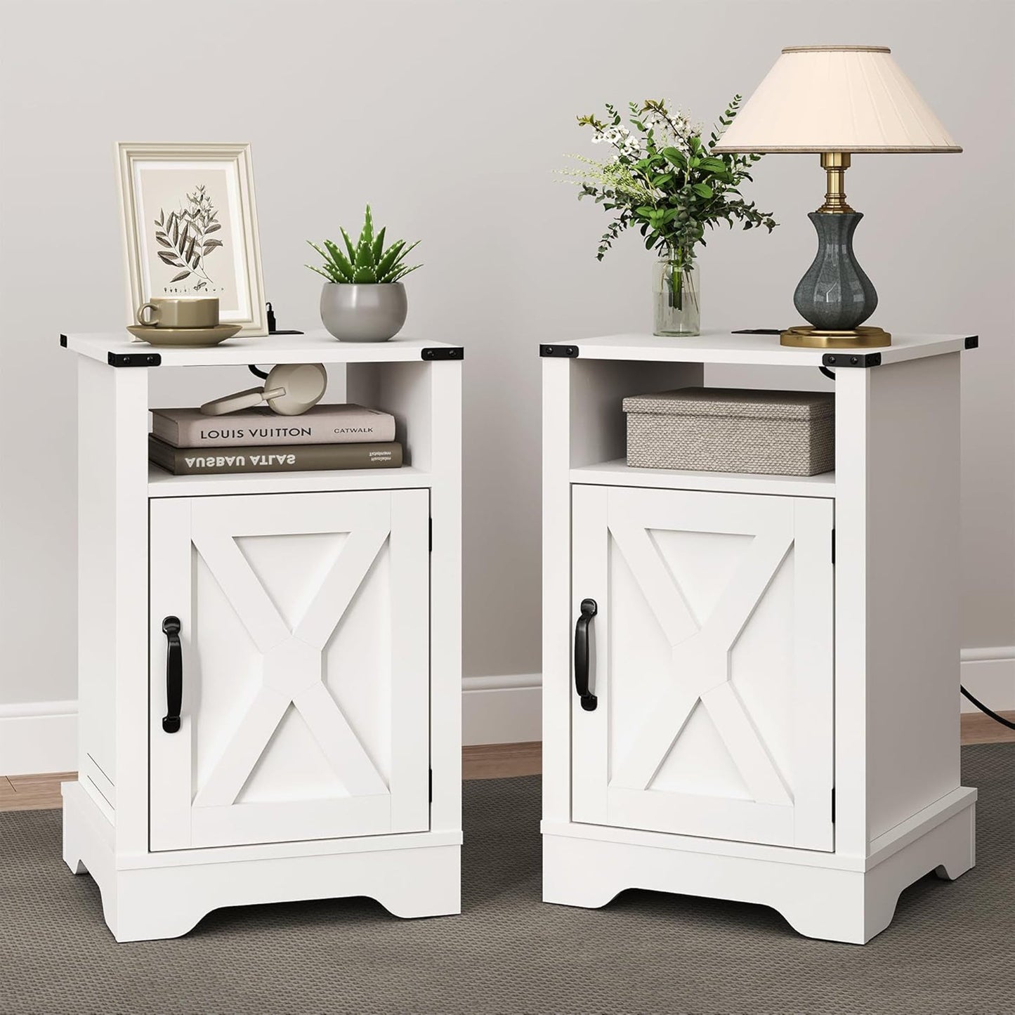 RoyalCraft Farmhouse Bedroom Nightstand with Charging Station, Set of 2, White