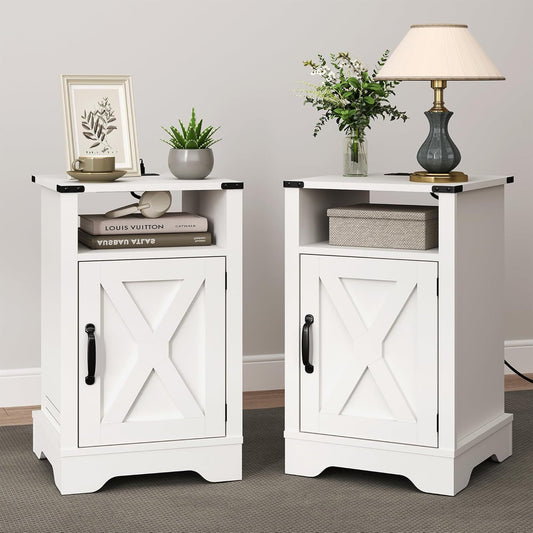 RoyalCraft Farmhouse Bedroom Nightstand with Charging Station, Set of 2, White