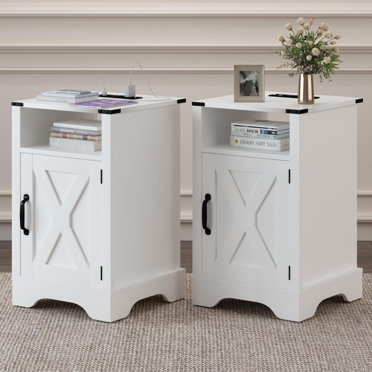 RoyalCraft Farmhouse Bedroom Nightstand with Charging Station, Set of 2, White