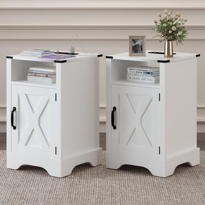 RoyalCraft Farmhouse Bedroom Nightstand with Charging Station, Set of 2, White