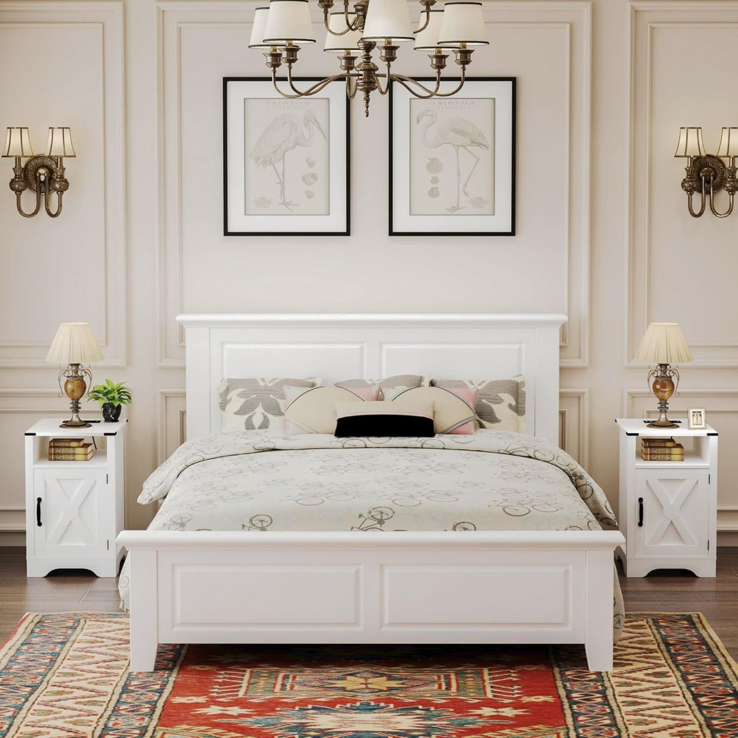 RoyalCraft Farmhouse Bedroom Nightstand with Charging Station, Set of 2, White