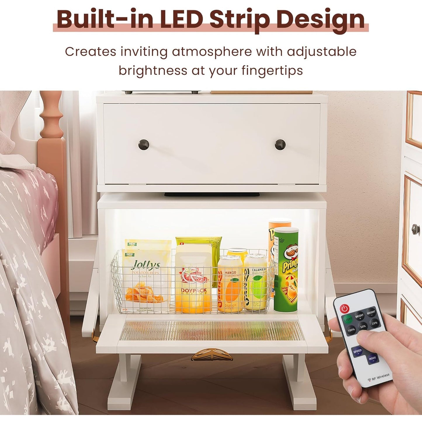 RoyalCraft Nightstand with LED Light Strips, Rotating Drawer & Glass Door, White