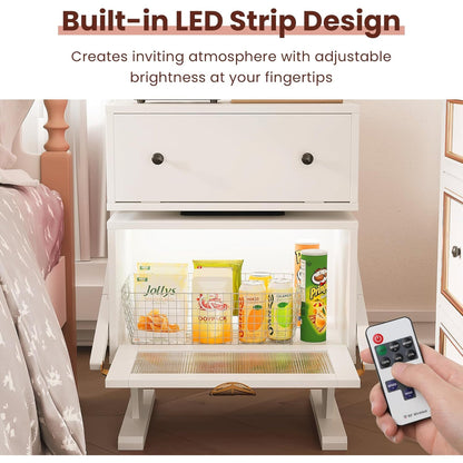 RoyalCraft Nightstand with LED Light Strips, Rotating Drawer & Glass Door, White