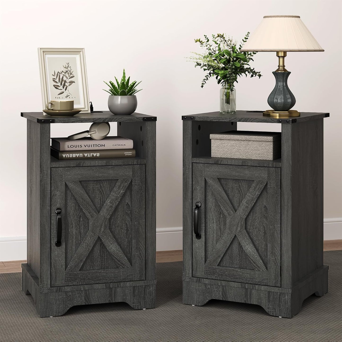 RoyalCraft Farmhouse Nightstand with Charging Station, Set of 2, Dark Grey