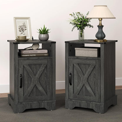 RoyalCraft Farmhouse Nightstand with Charging Station, Set of 2, Dark Grey