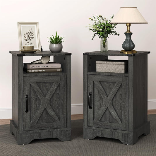 RoyalCraft Farmhouse Nightstand with Charging Station, Set of 2, Dark Grey