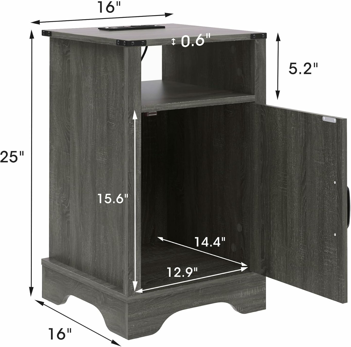 RoyalCraft Farmhouse Nightstand with Charging Station, Set of 2, Dark Grey