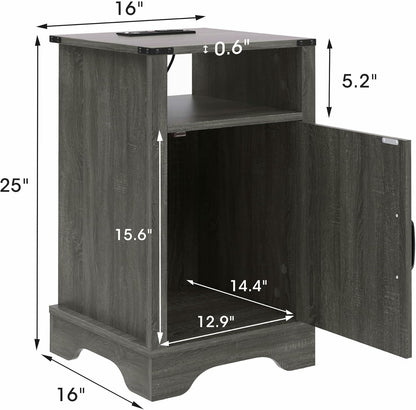 RoyalCraft Farmhouse Nightstand with Charging Station, Set of 2, Dark Grey