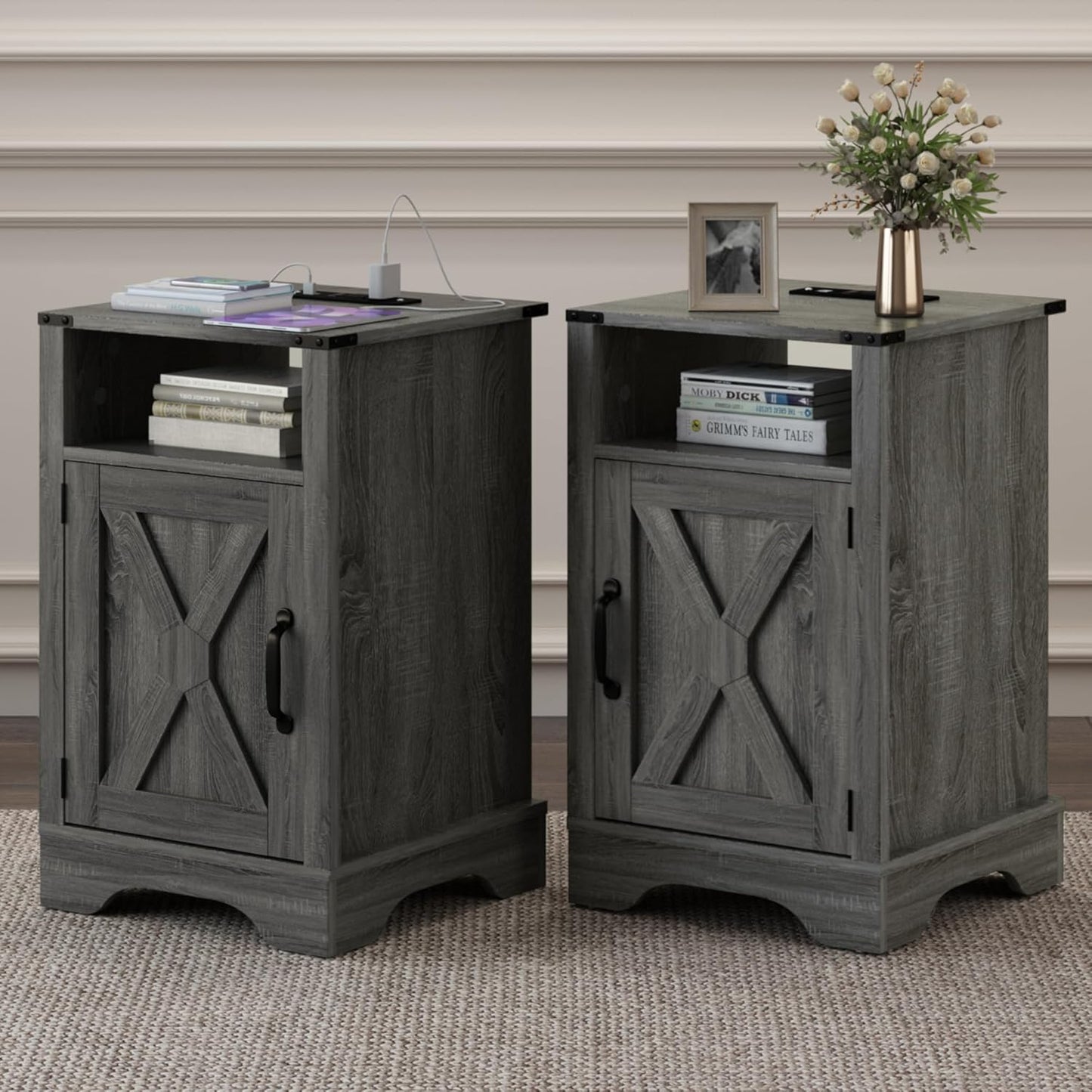 RoyalCraft Farmhouse Nightstand with Charging Station, Set of 2, Dark Grey