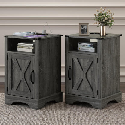 RoyalCraft Farmhouse Nightstand with Charging Station, Set of 2, Dark Grey