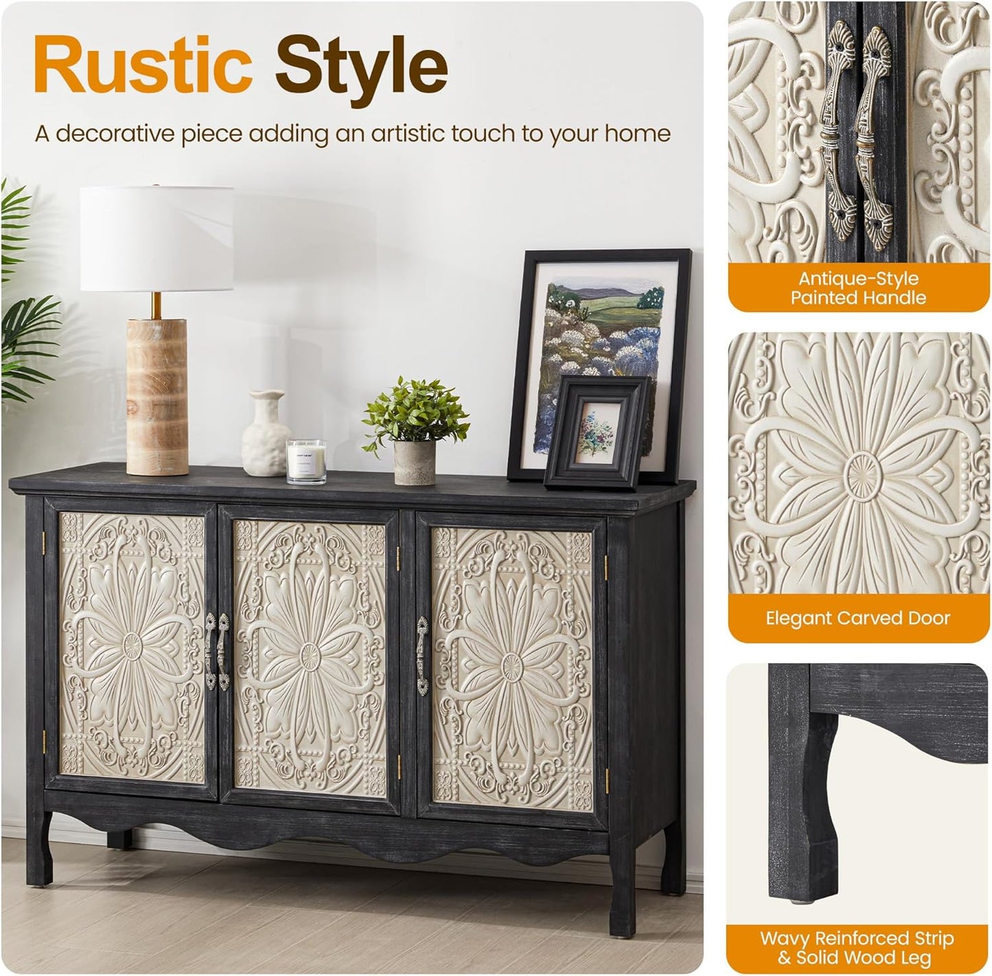 RoyalCraft Farmhouse Buffet Cabinet Solid Wood Sideboard Storage Table, Black