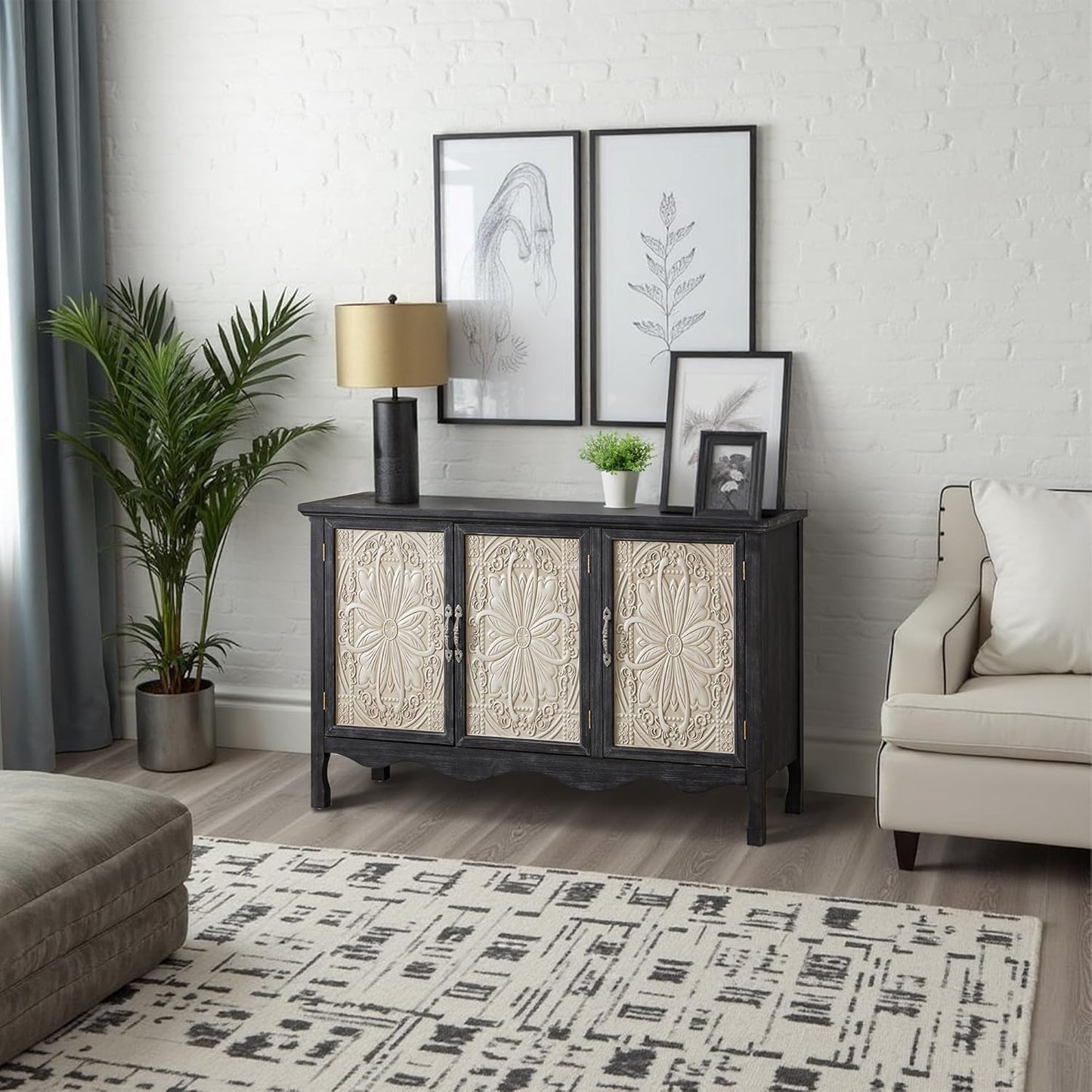 RoyalCraft Farmhouse Buffet Cabinet Solid Wood Sideboard Storage Table, Black