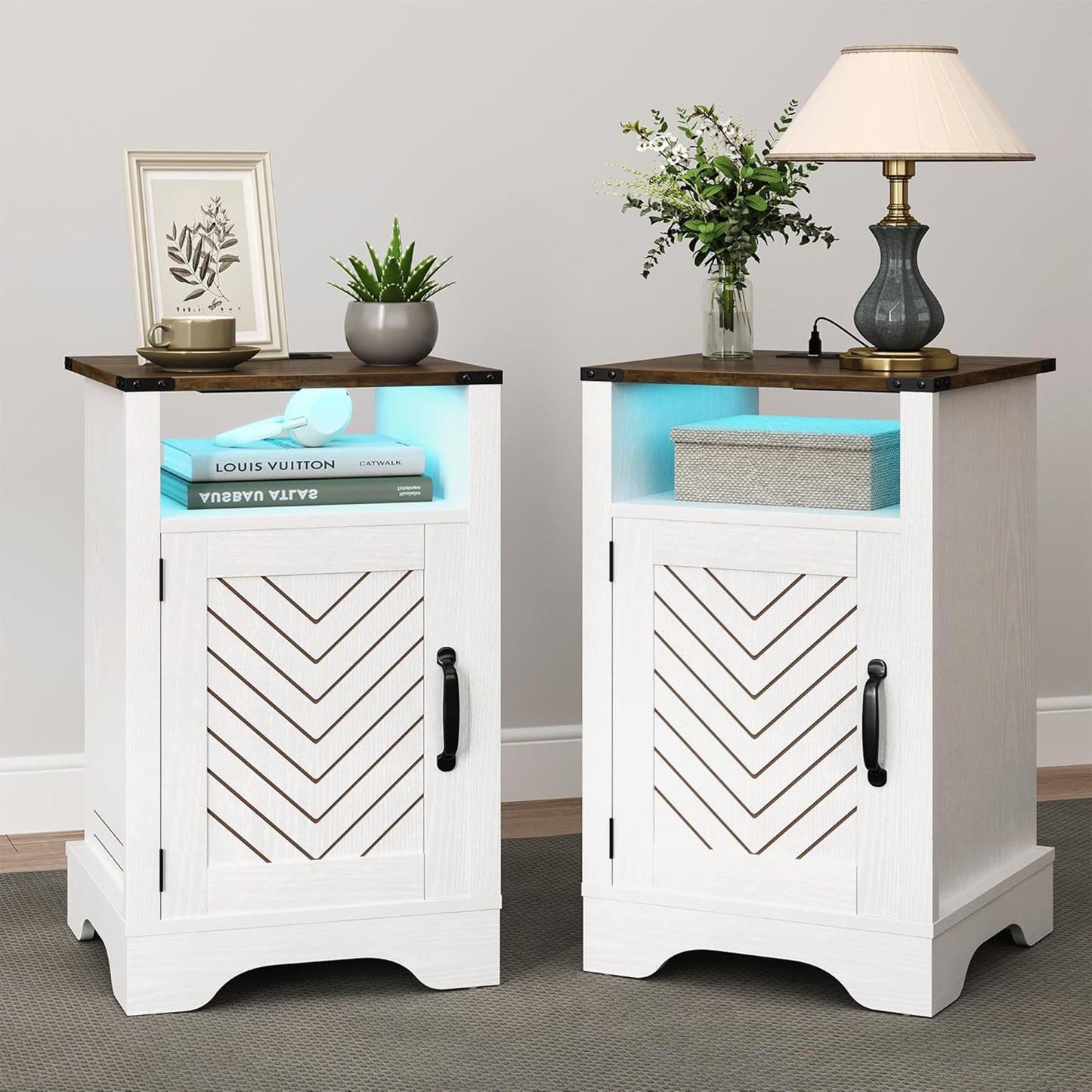 RoyalCraft Nightstand w/ LED Lights & Charging Station, Set of 2, Antique White