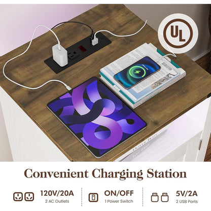 RoyalCraft Nightstand w/ LED Lights & Charging Station, Set of 2, Antique White