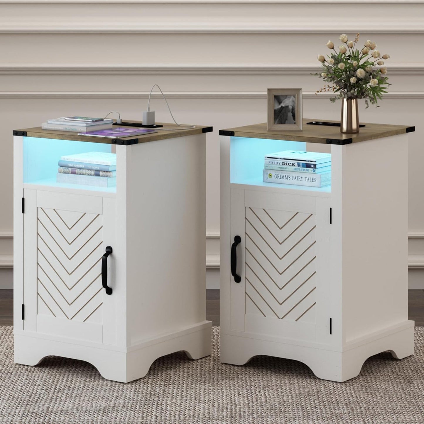 RoyalCraft Nightstand w/ LED Lights & Charging Station, Set of 2, Antique White