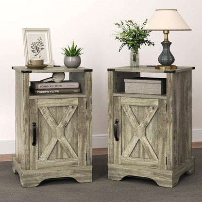 RoyalCraft Farmhouse Nightstand with Charging Station, Set of 2, Light Grey