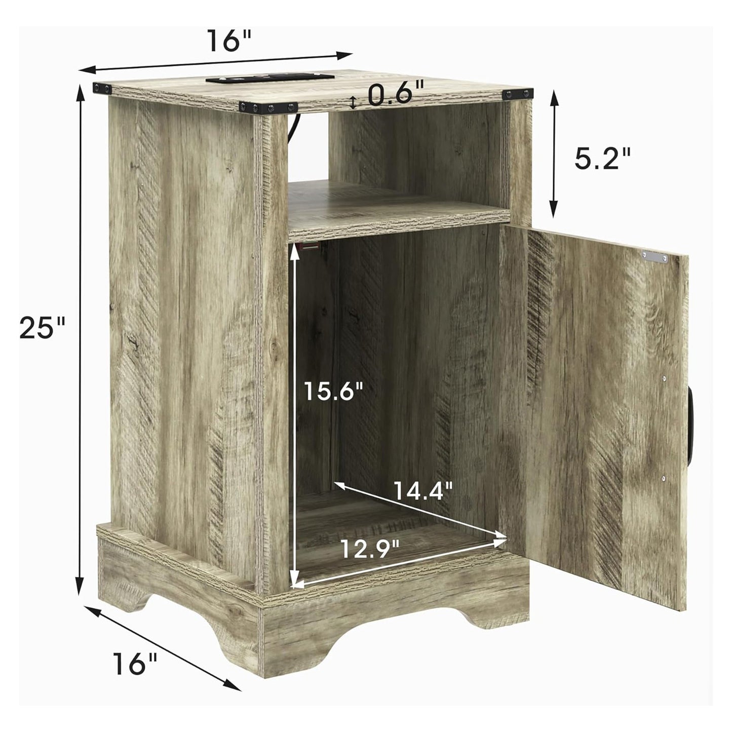 RoyalCraft Farmhouse Nightstand with Charging Station, Set of 2, Light Grey