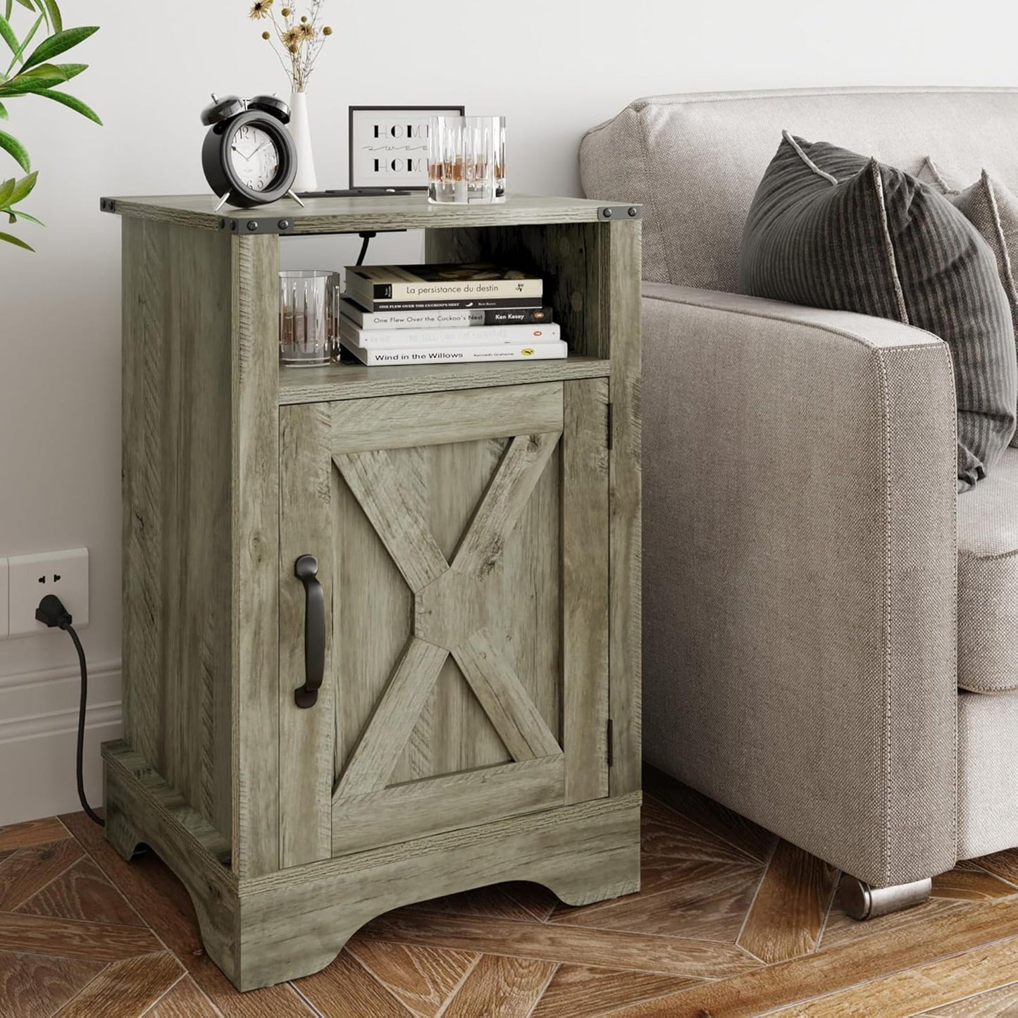 RoyalCraft Farmhouse Nightstand with Charging Station, Set of 2, Light Grey
