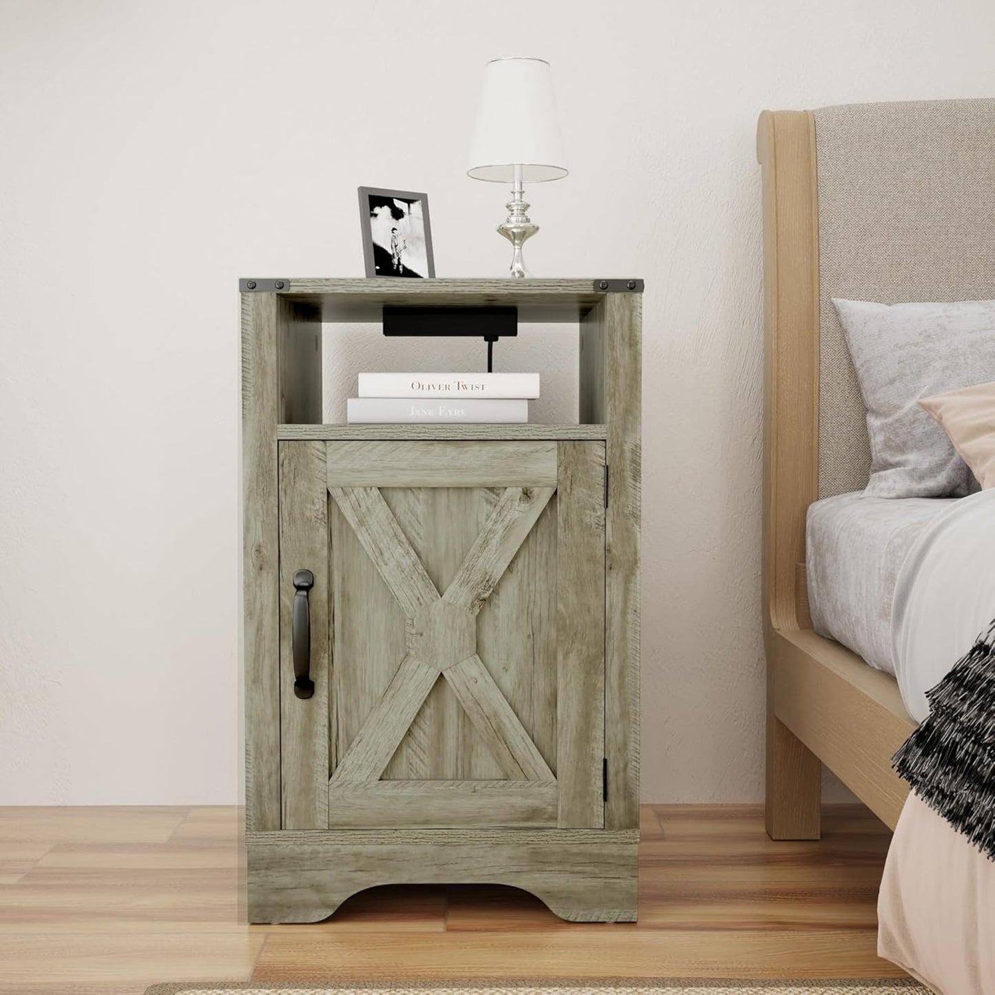 RoyalCraft Farmhouse Nightstand with Charging Station, Set of 2, Light Grey