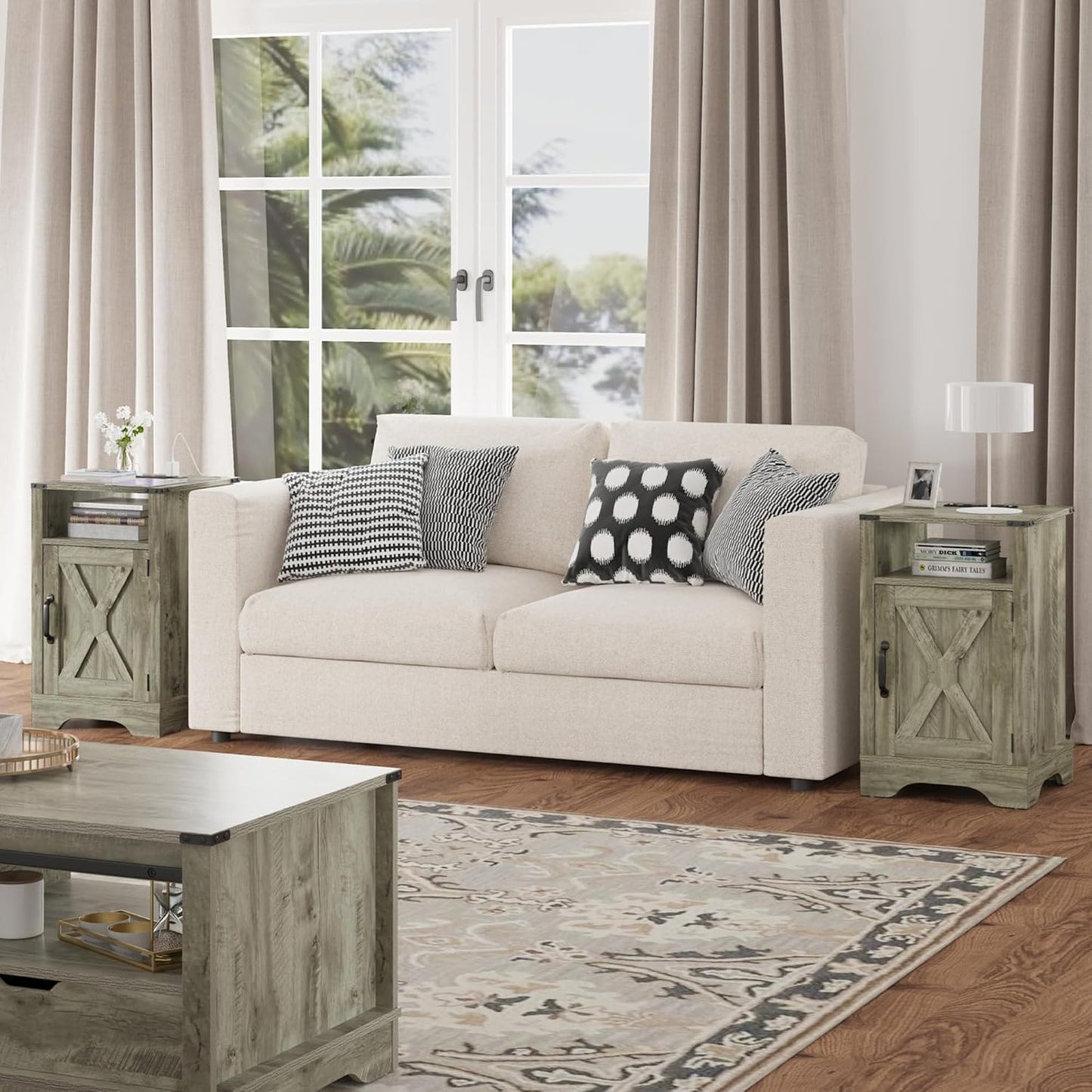 RoyalCraft Farmhouse Nightstand with Charging Station, Set of 2, Light Grey