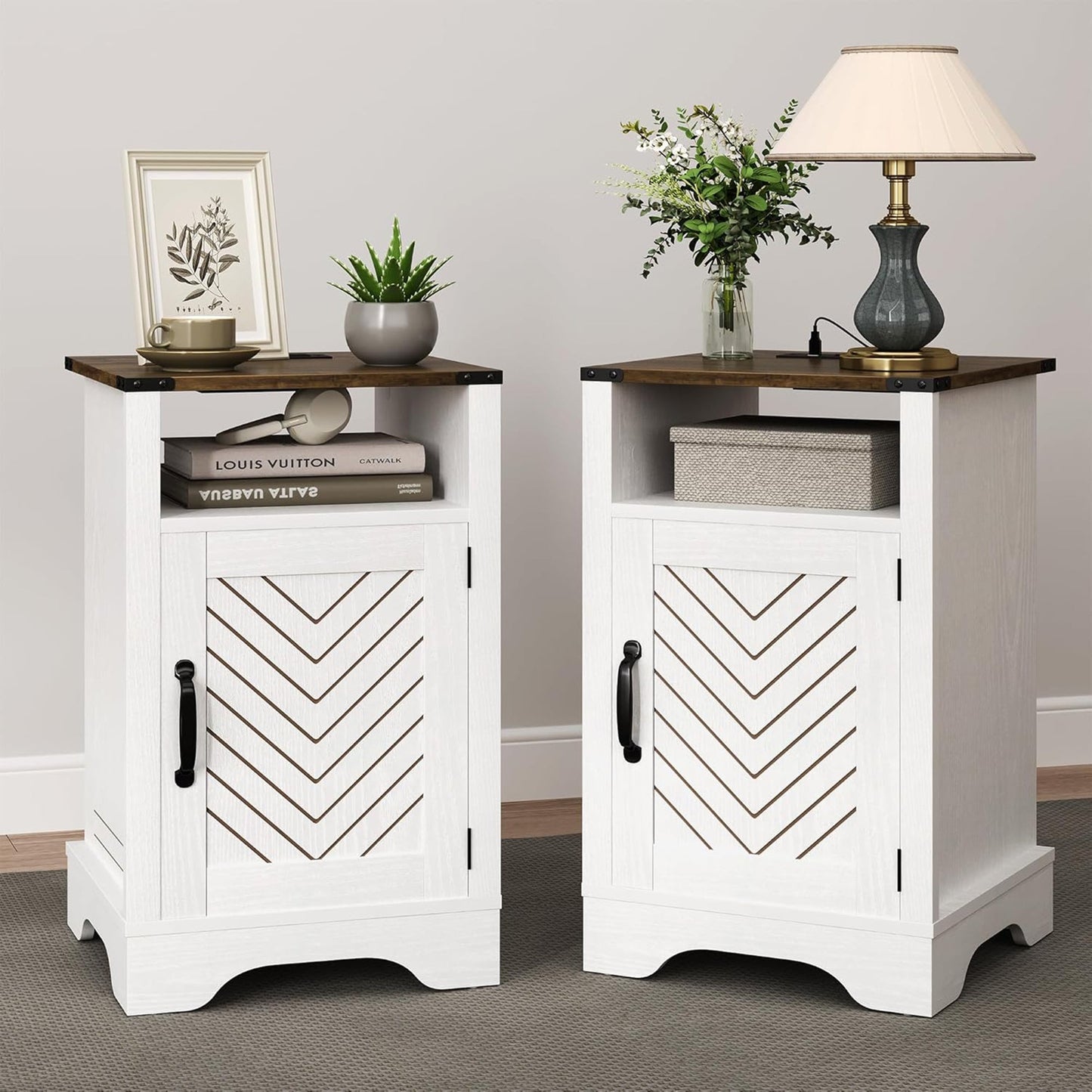 RoyalCraft Farmhouse Nightstand w/ Charging Station Set of 2, White & Rustic Oak