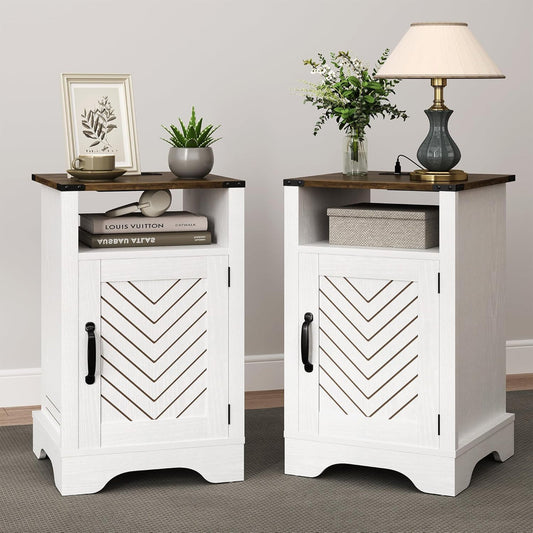 RoyalCraft Farmhouse Nightstand w/ Charging Station Set of 2, White & Rustic Oak