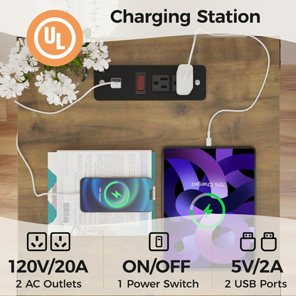 RoyalCraft Farmhouse Nightstand w/ Charging Station Set of 2, White & Rustic Oak