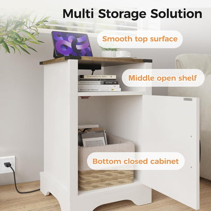 RoyalCraft Farmhouse Nightstand w/ Charging Station Set of 2, White & Rustic Oak