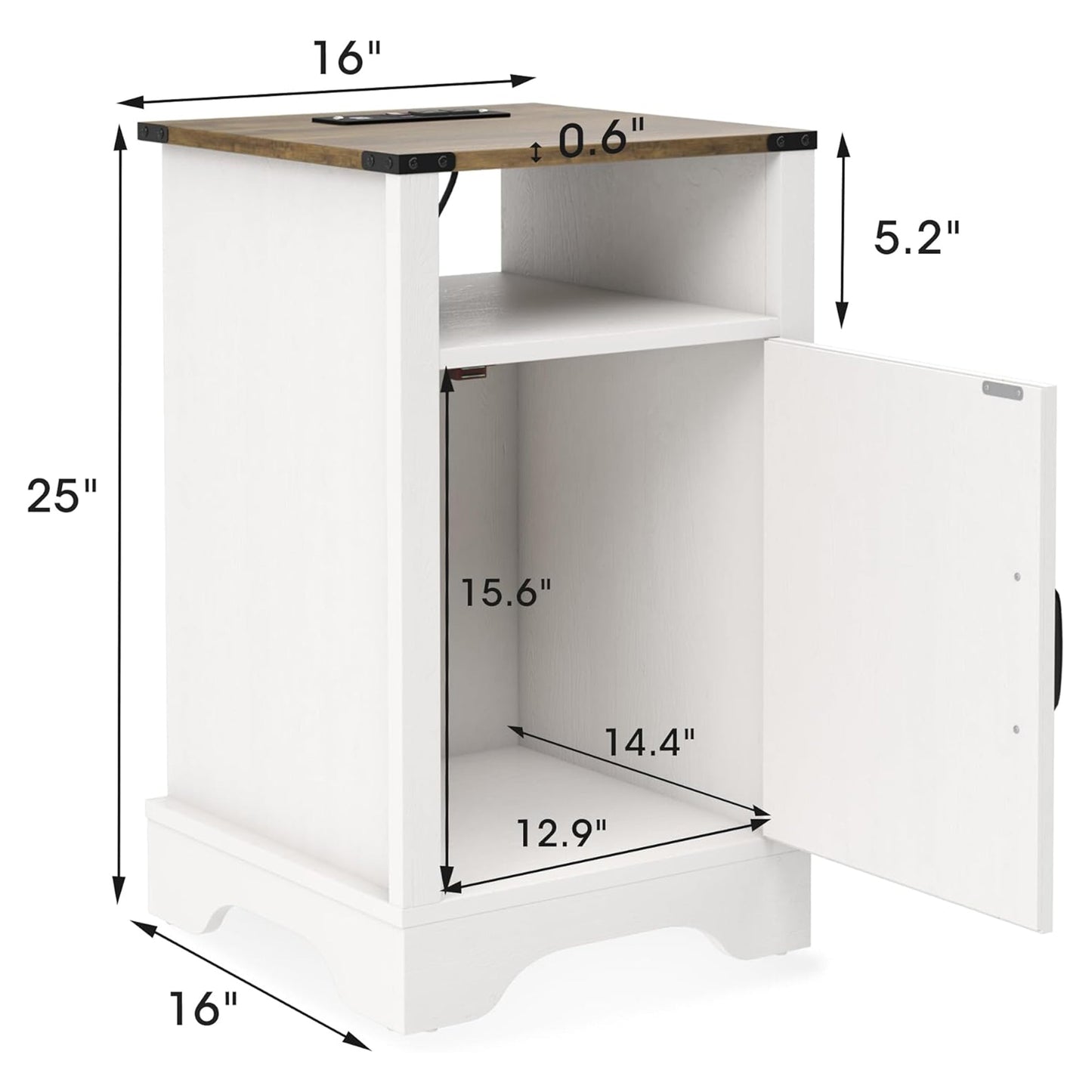 RoyalCraft Farmhouse Nightstand w/ Charging Station Set of 2, White & Rustic Oak