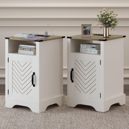 RoyalCraft Farmhouse Nightstand w/ Charging Station Set of 2, White & Rustic Oak