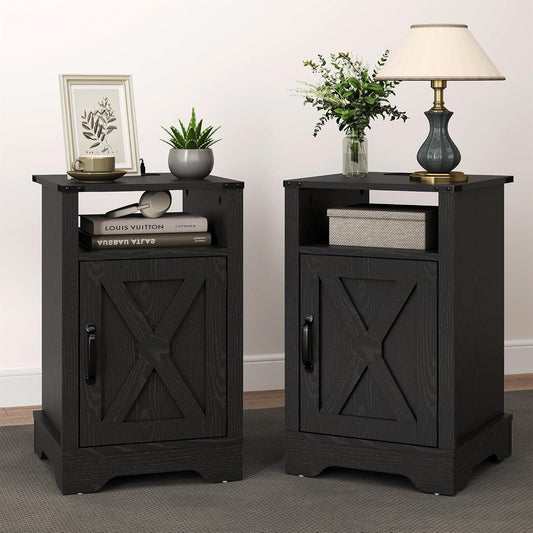 RoyalCraft Farmhouse Bedroom Nightstand with Charging Station, Set of 2, Black