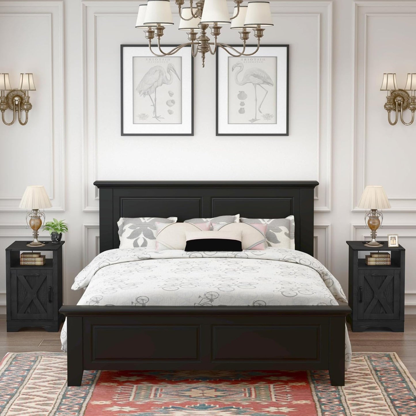 RoyalCraft Farmhouse Bedroom Nightstand with Charging Station, Set of 2, Black