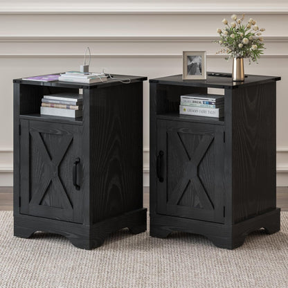 RoyalCraft Farmhouse Bedroom Nightstand with Charging Station, Set of 2, Black