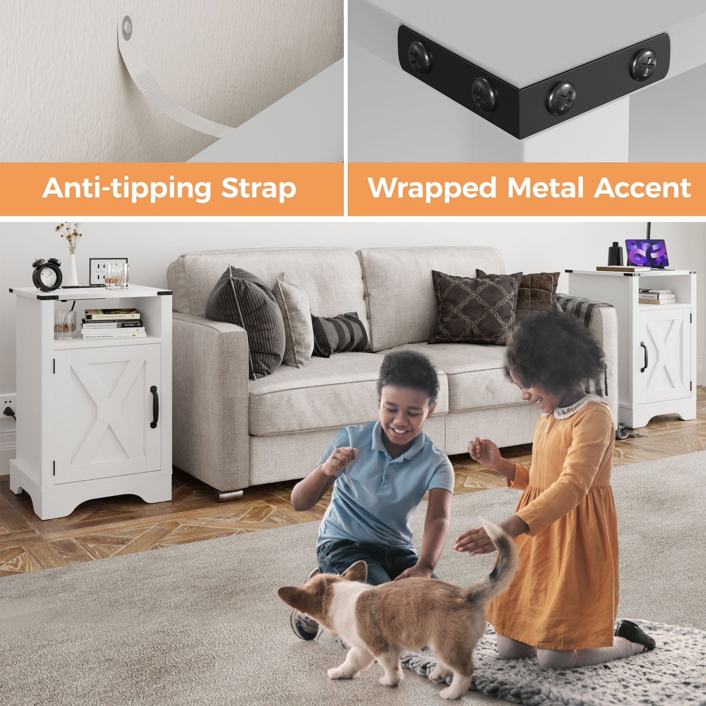 RoyalCraft Farmhouse Nightstand, Bedroom Table with Charging Station, White