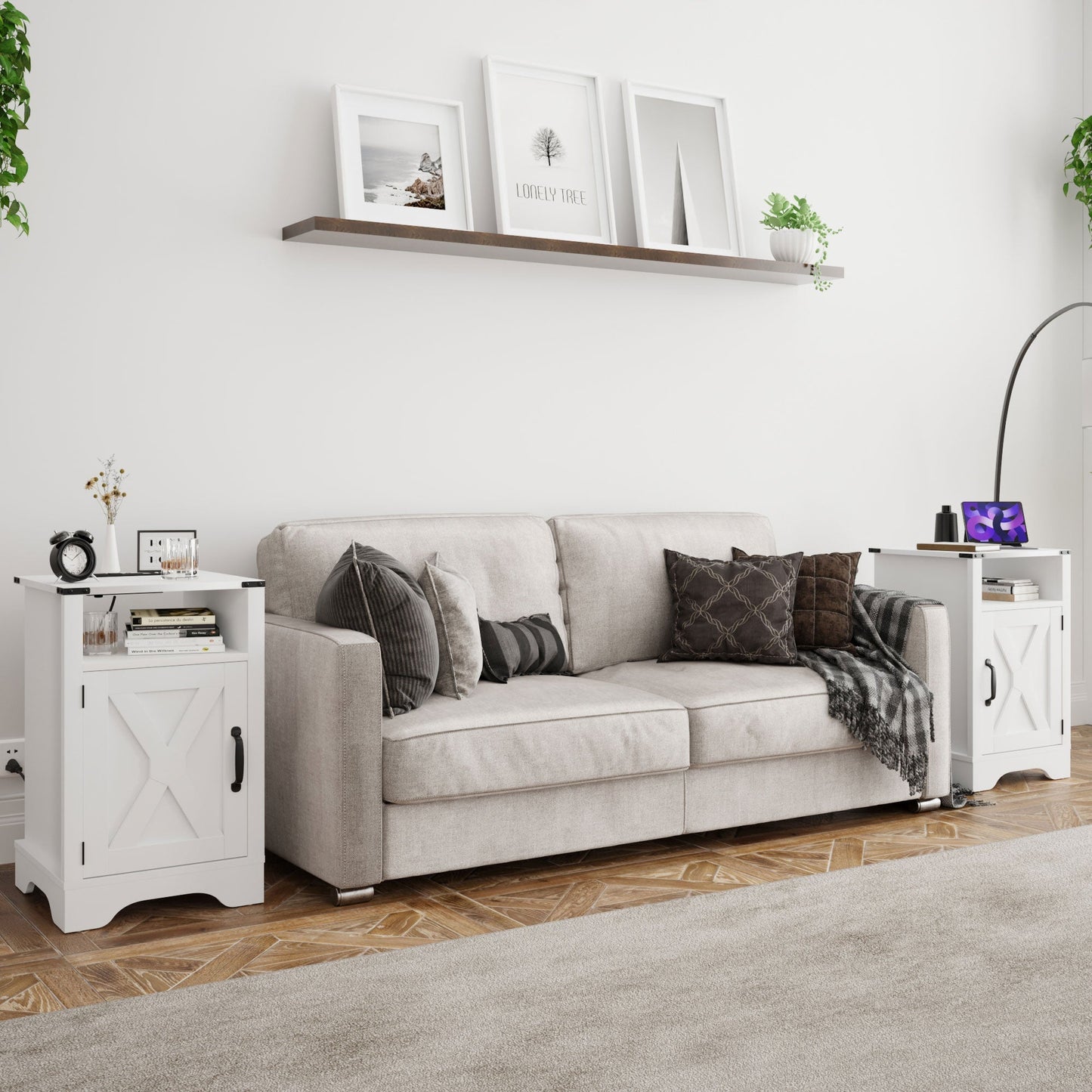 RoyalCraft Farmhouse Nightstand, Bedroom Table with Charging Station, White