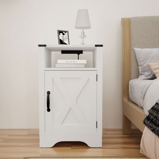 RoyalCraft Farmhouse Nightstand, Bedroom Table with Charging Station, White